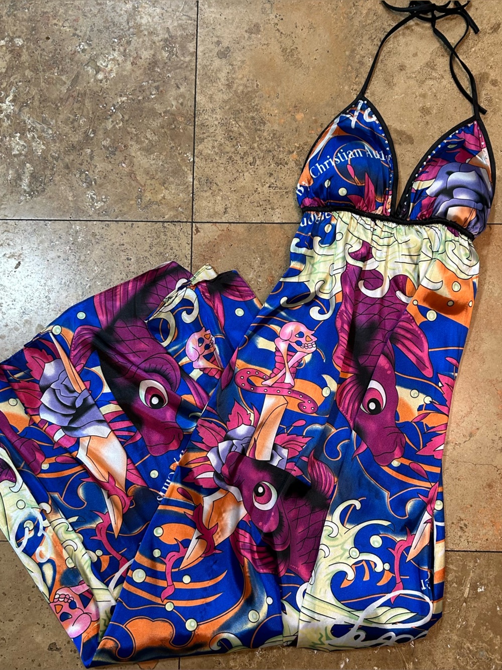 Vintage Ed Hardy Maxi Multicolored Koi Fish Skull Satin Like Halter Dress Size S